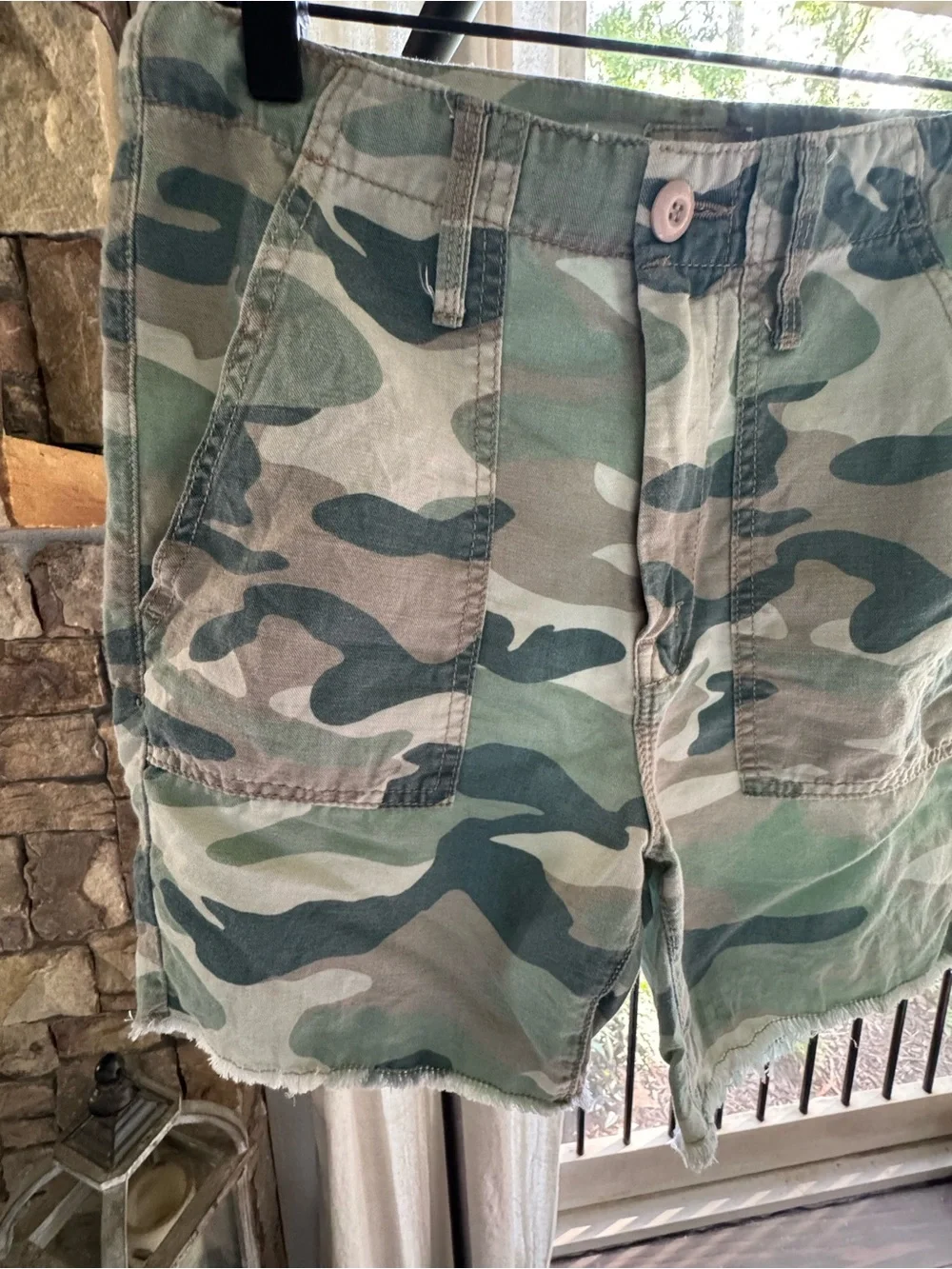 MOTHER Camouflaged High-Rise Frayed Hem Shorts in Green & Tan - Picture 10 of 16